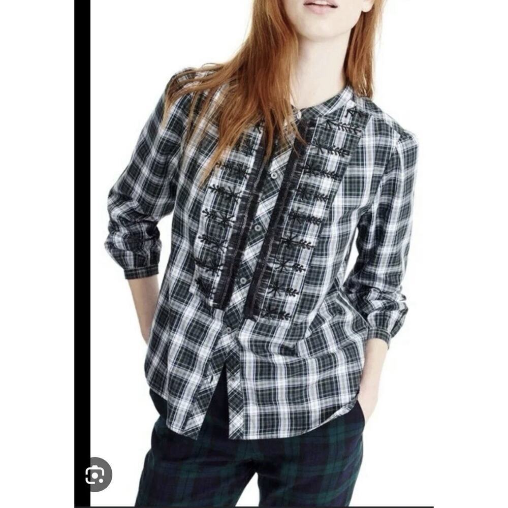 J.Crew Women's Sz XL Beaded Embellished Button Up Shirt Forest Tartan Plaid Boho